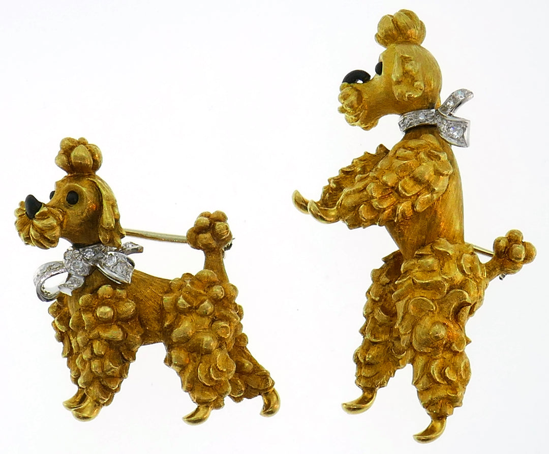 Cartier Diamond Yellow Gold Poodle Clip Pin Brooch Pair