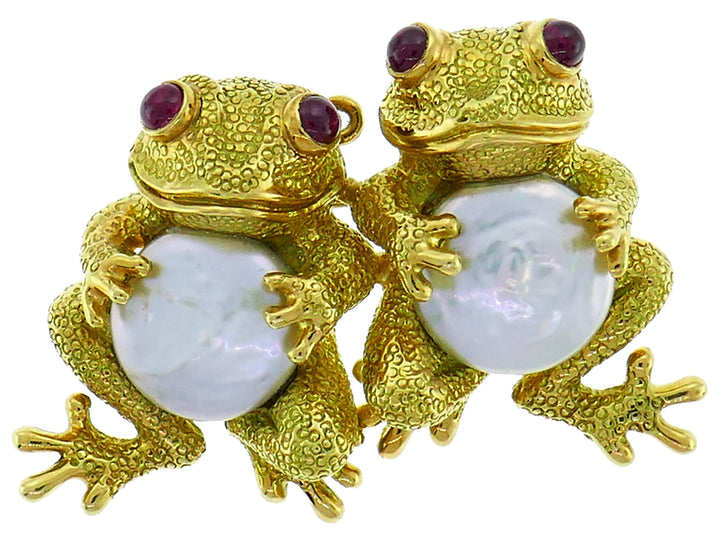 Clunn Yellow Gold Frog Pin Brooch Clip with Pearl and Ruby