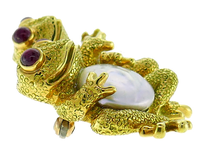 Clunn Yellow Gold Frog Pin Brooch Clip with Pearl and Ruby