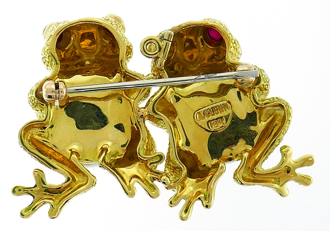 Clunn Yellow Gold Frog Pin Brooch Clip with Pearl and Ruby