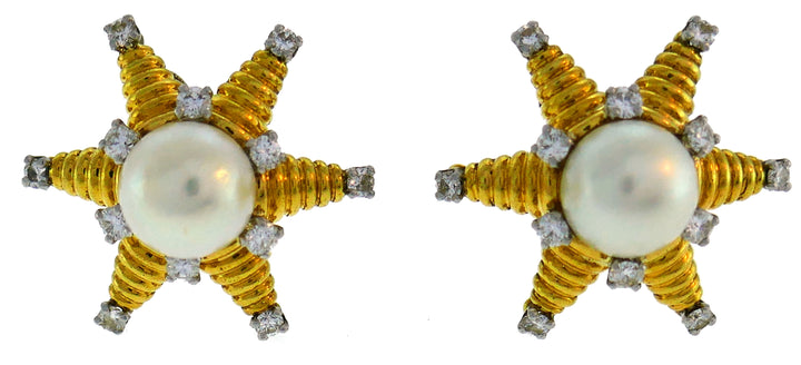 Tiffany & Co. Schlumberger Pearl Diamond Gold Earrings