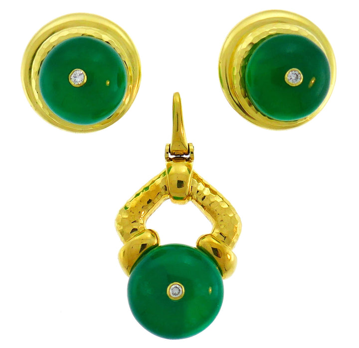 Andrew Clunn Yellow Gold Earrings Pendant Set with Chrysoprase Diamond Accents