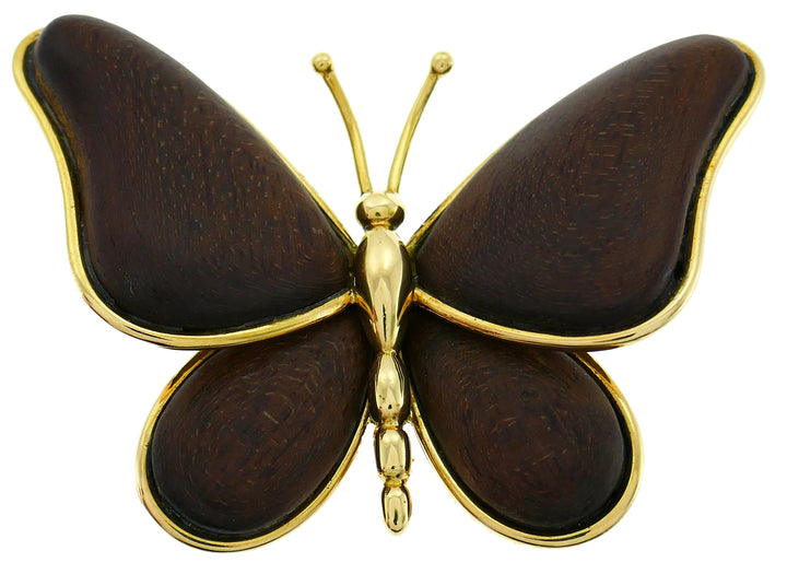 Vintage Van Cleef & Arpels Butterfly Pin Brooch Clip 18k Gold Wood