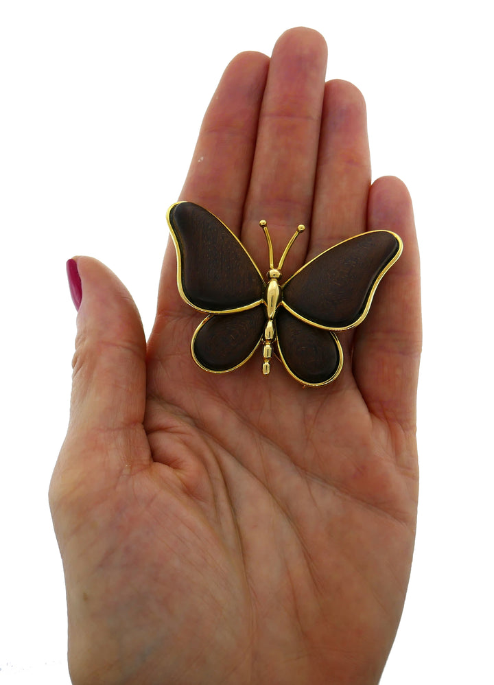 Vintage Van Cleef & Arpels Butterfly Pin Brooch Clip 18k Gold Wood