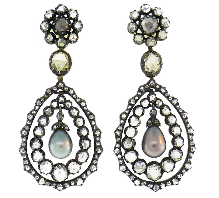 Victorian Pearl Diamond Earrings in Gold and Silver