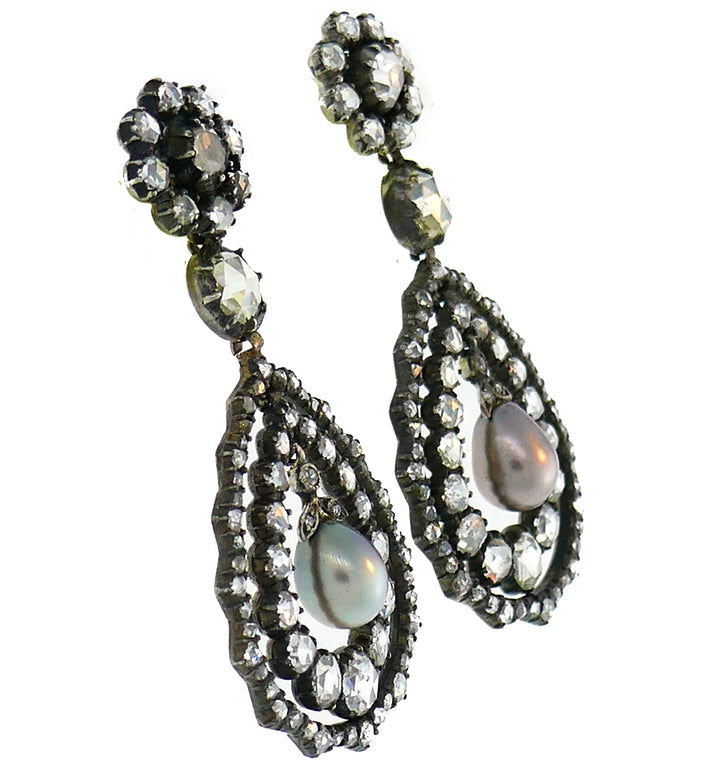 Victorian Pearl Diamond Earrings in Gold and Silver