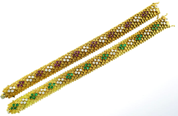 Bvlgari Yellow Gold Bracelet Pair 1960s with Diamond Ruby Emerald Bulgari