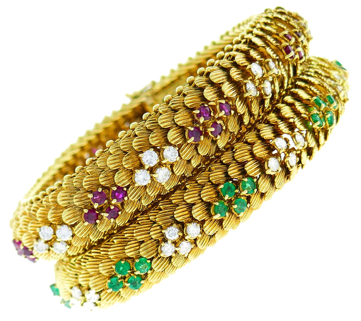 Bvlgari Yellow Gold Bracelet Pair 1960s with Diamond Ruby Emerald Bulgari