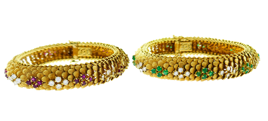 Bvlgari Yellow Gold Bracelet Pair 1960s with Diamond Ruby Emerald Bulgari