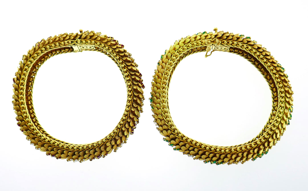 Bvlgari Yellow Gold Bracelet Pair 1960s with Diamond Ruby Emerald Bulgari