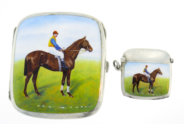 Enamel Silver Cigarette Case and Pendant Pillbox Hand Painted Jockey on Horse