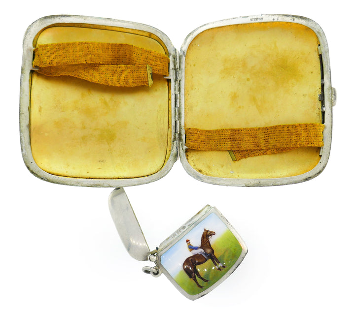 Enamel Silver Cigarette Case and Pendant Pillbox Hand Painted Jockey on Horse