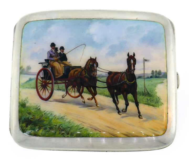 Enamel Silver Cigarette Case Hand Painted Equestrian Motif