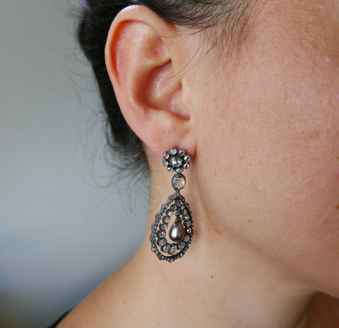 Victorian Pearl Diamond Earrings in Gold and Silver