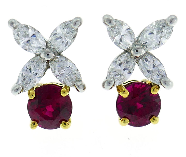 Tiffany & Co. Ruby Diamond Stud Earrings in Platinum and Yellow Gold Studs