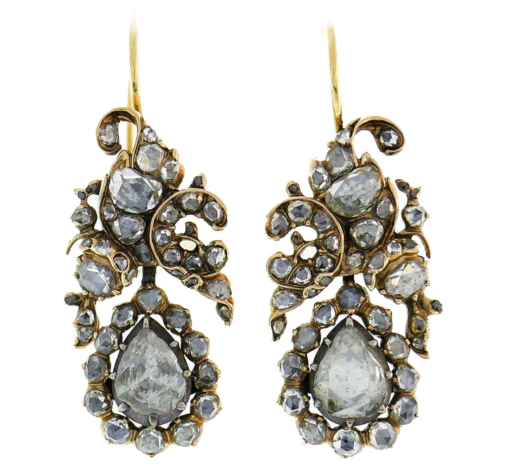 Antique Victorian Rose Cut Diamond Dangle Earrings in Yellow Gold