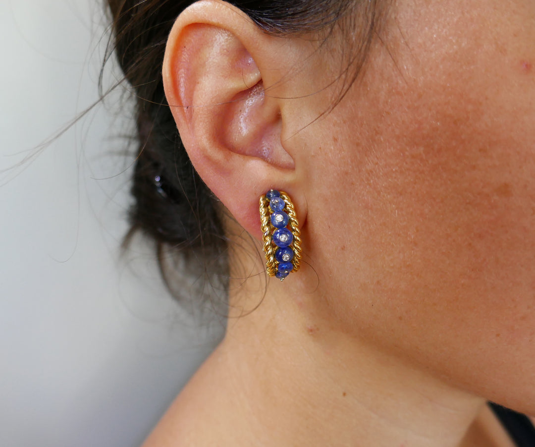 Giovane Enamel Yellow Gold Earrings with Blue Sapphire Diamond, Day and Night