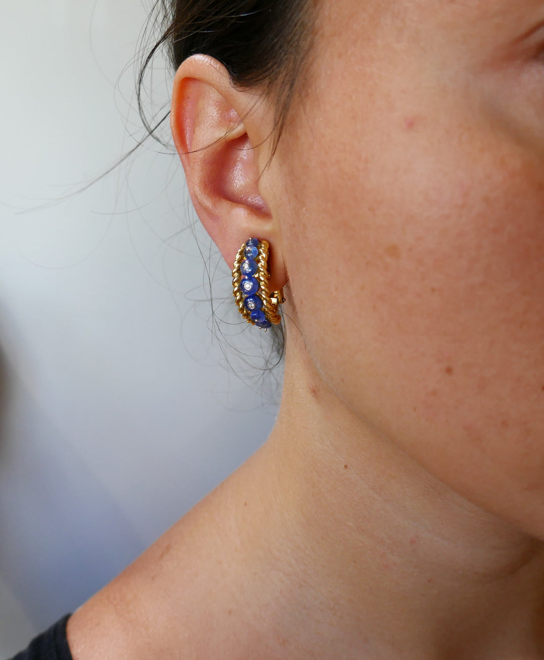 Giovane Enamel Yellow Gold Earrings with Blue Sapphire Diamond, Day and Night