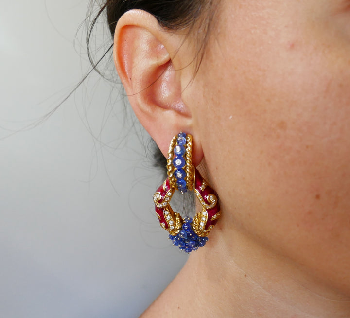 Giovane Enamel Yellow Gold Earrings with Blue Sapphire Diamond, Day and Night