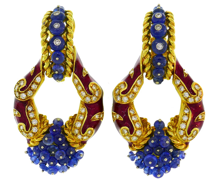 Giovane Enamel Yellow Gold Earrings with Blue Sapphire Diamond, Day and Night