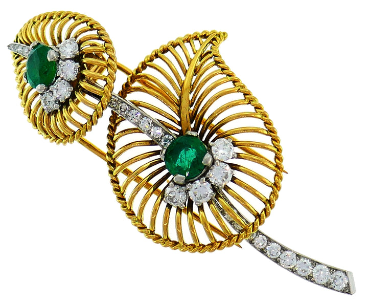 Monture Cartier Emerald Diamond Gold Clip Pin Brooch, 1950s