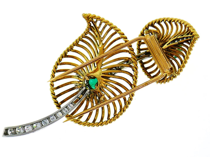 Monture Cartier Emerald Diamond Gold Clip Pin Brooch, 1950s