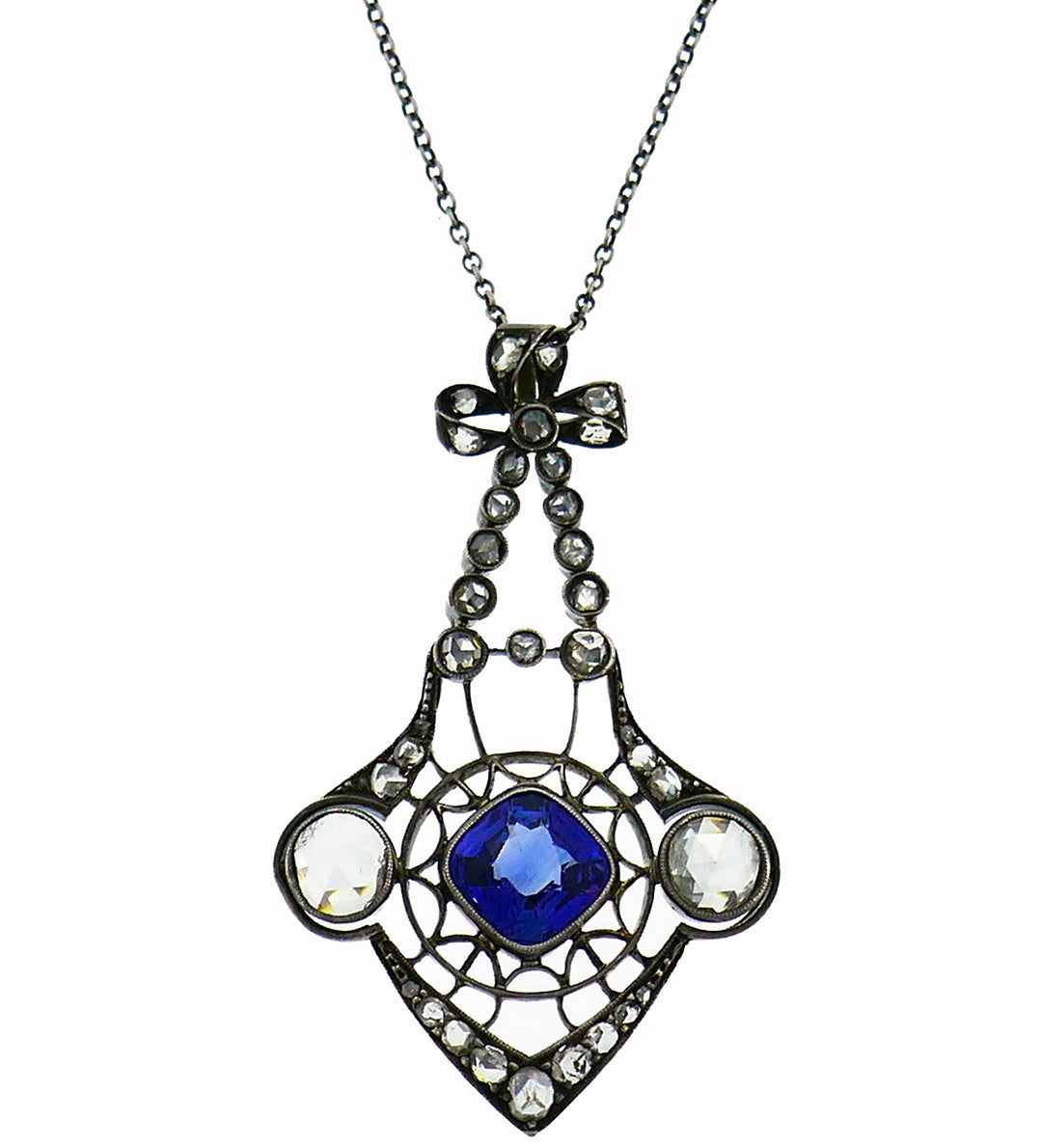 Victorian Sapphire Diamond Pendant Necklace in Yellow Gold Silver, 1900s