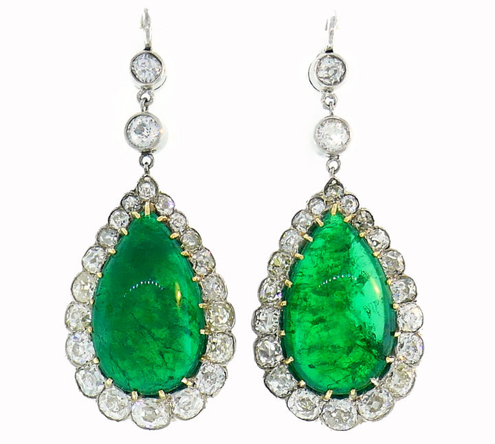 Victorian Emerald Diamond Gold Dangle Earrings