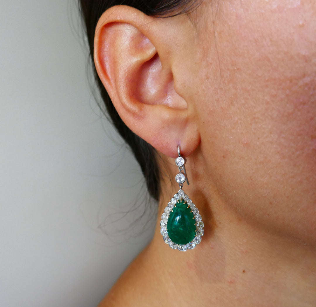 Victorian Emerald Diamond Gold Dangle Earrings