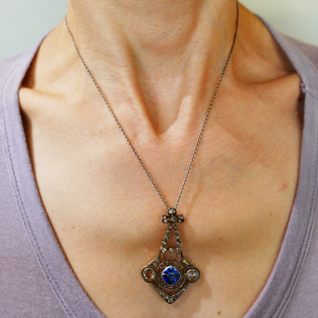 Victorian Sapphire Diamond Pendant Necklace in Yellow Gold Silver, 1900s