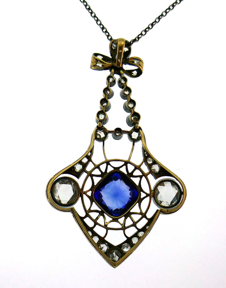 Victorian Sapphire Diamond Pendant Necklace in Yellow Gold Silver, 1900s