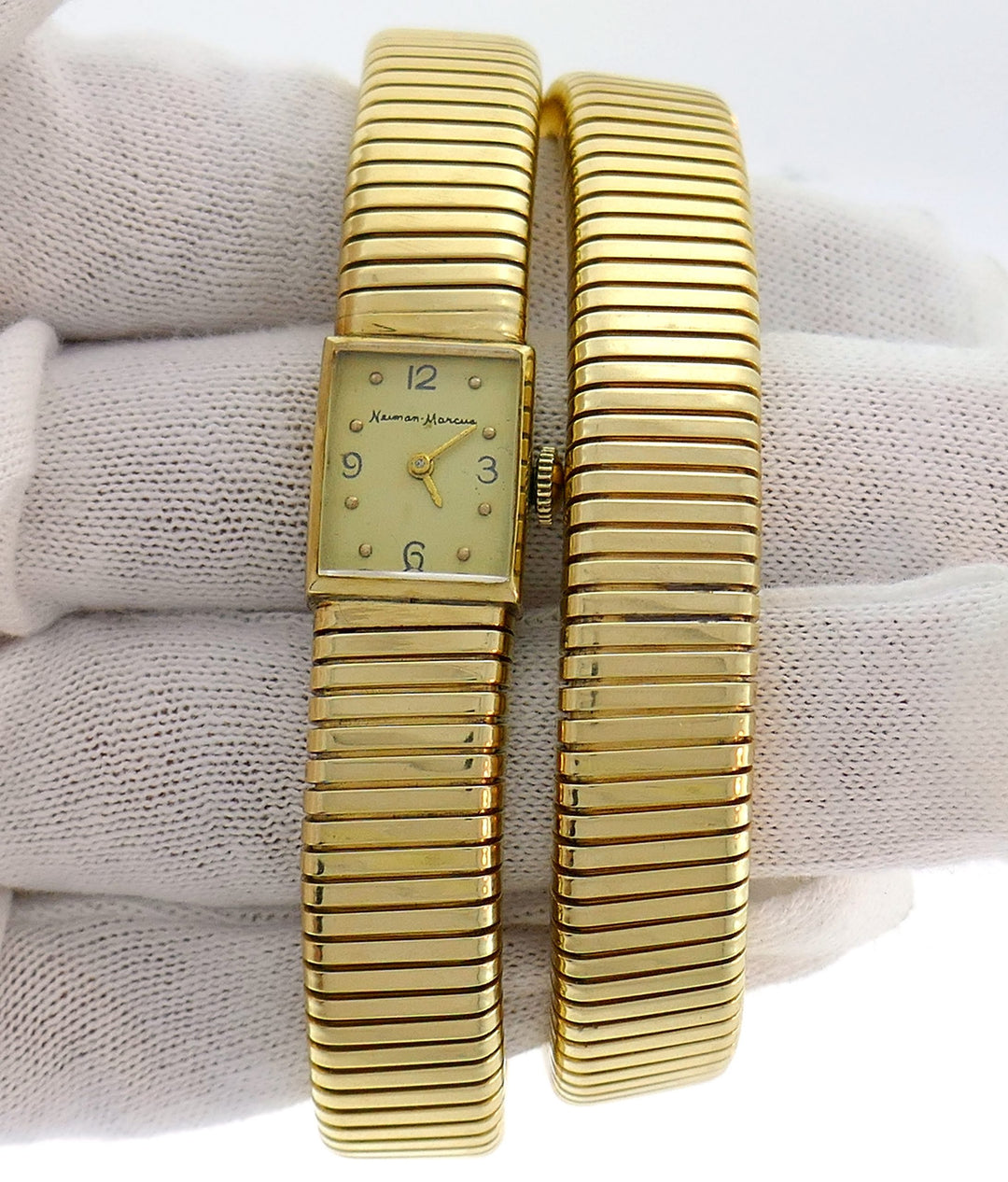 Yellow Gold Tubogas Retro Watch Wrap Bracelet by Neiman Marcus, 1950s