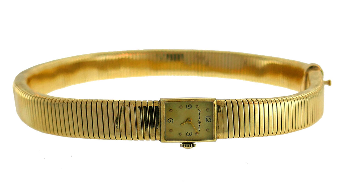 Yellow Gold Tubogas Retro Watch Wrap Bracelet by Neiman Marcus, 1950s