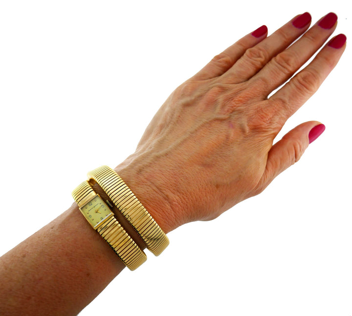 Yellow Gold Tubogas Retro Watch Wrap Bracelet by Neiman Marcus, 1950s