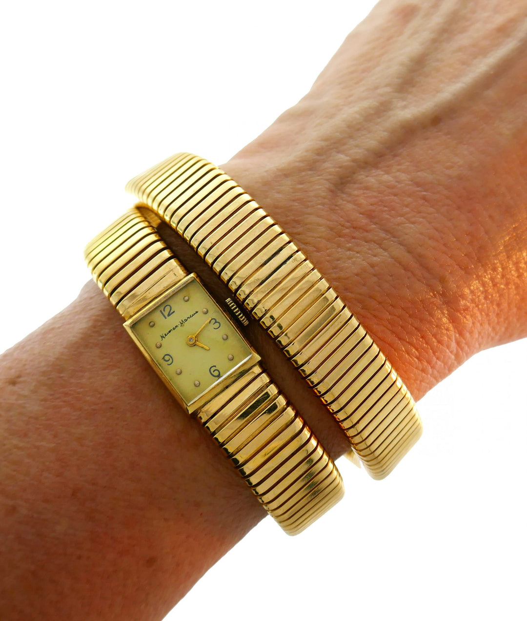 Yellow Gold Tubogas Retro Watch Wrap Bracelet by Neiman Marcus, 1950s