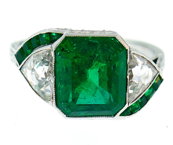 Art Deco Emerald Diamond Platinum Ring