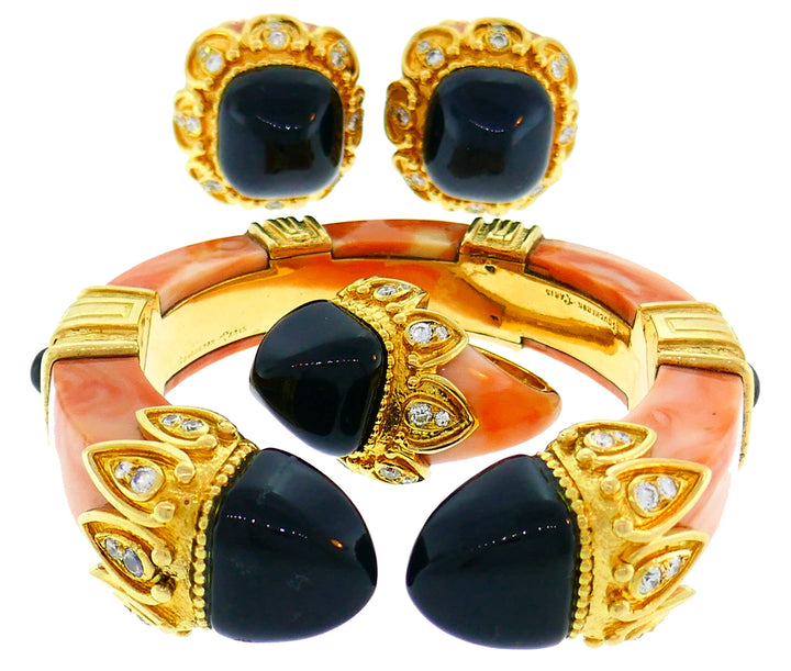 Boucheron Coral Gold Bangle Bracelet Ring Earrings Set, 1970s