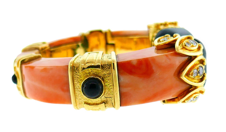 Boucheron Coral Gold Bangle Bracelet Ring Earrings Set, 1970s