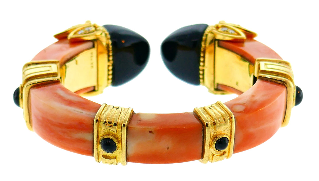 Boucheron Coral Gold Bangle Bracelet Ring Earrings Set, 1970s