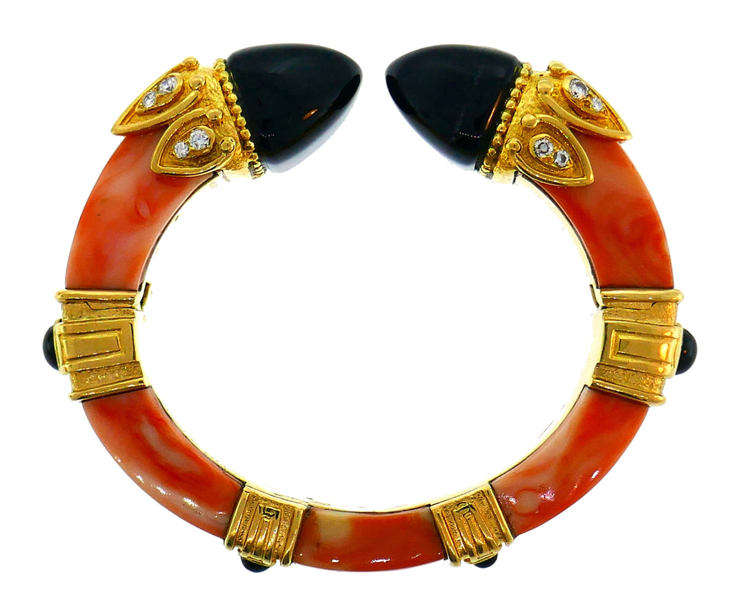 Boucheron Coral Gold Bangle Bracelet Ring Earrings Set, 1970s