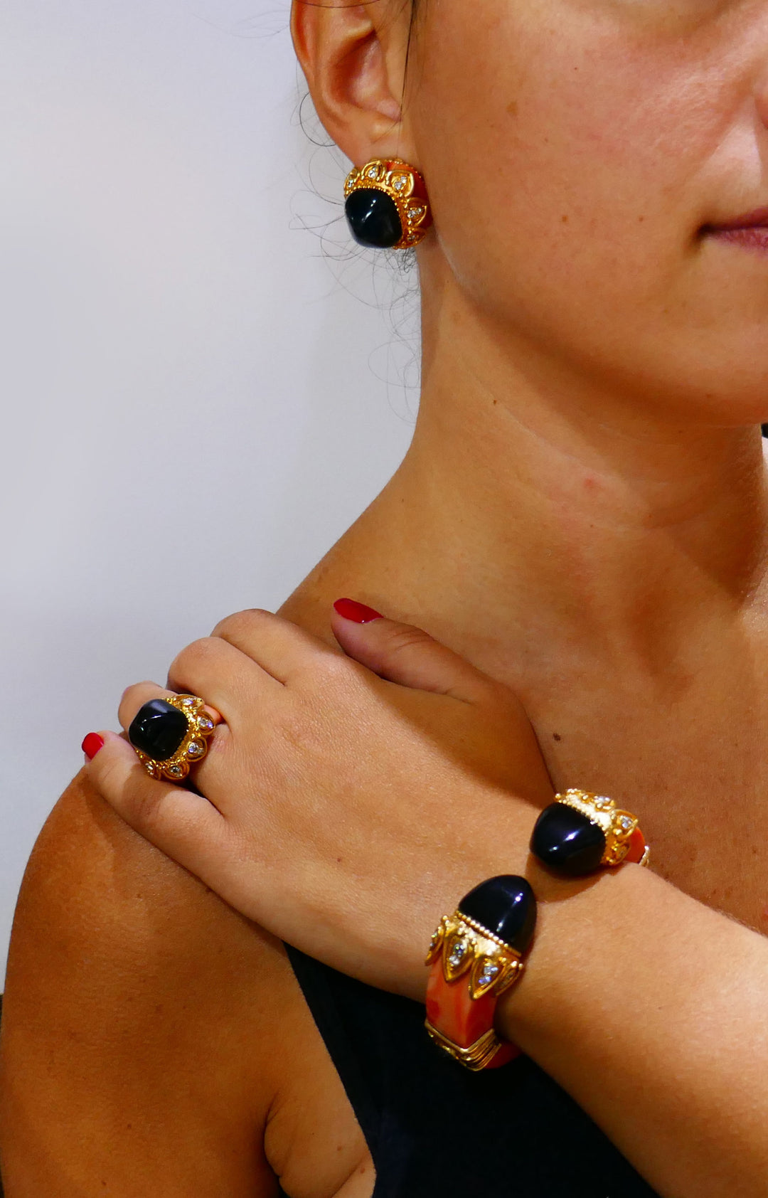 Boucheron Coral Gold Bangle Bracelet Ring Earrings Set, 1970s