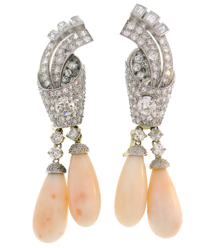 Art Deco Earrings Coral Diamond Platinum Dangle Estate