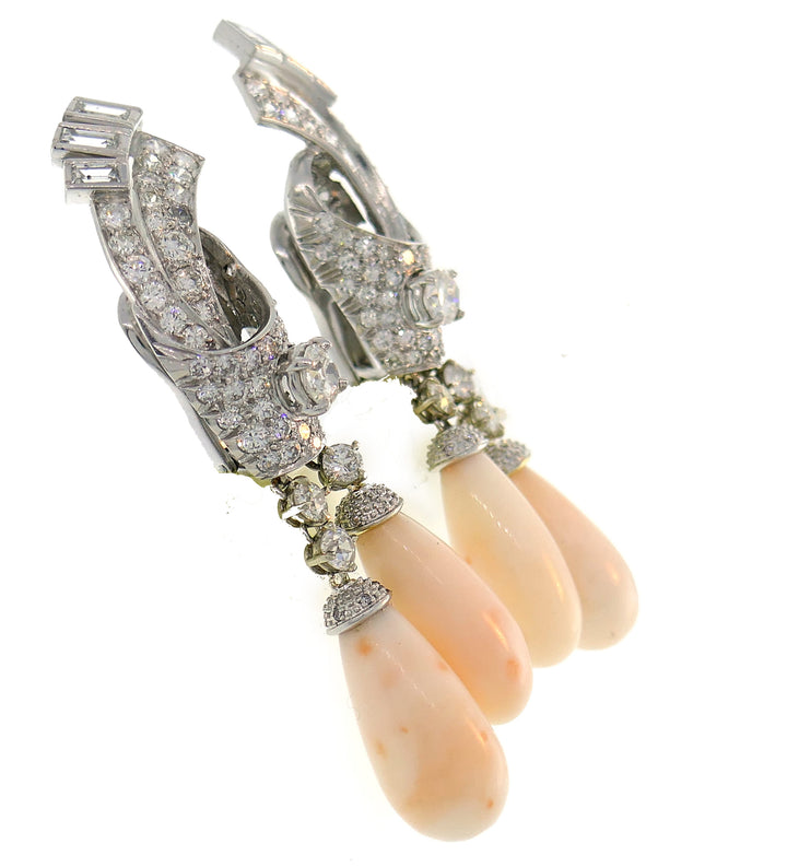 Art Deco Earrings Coral Diamond Platinum Dangle Estate