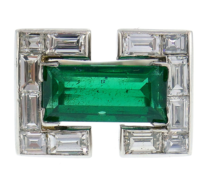 Art Deco Revival Emerald Diamond Platinum Ring