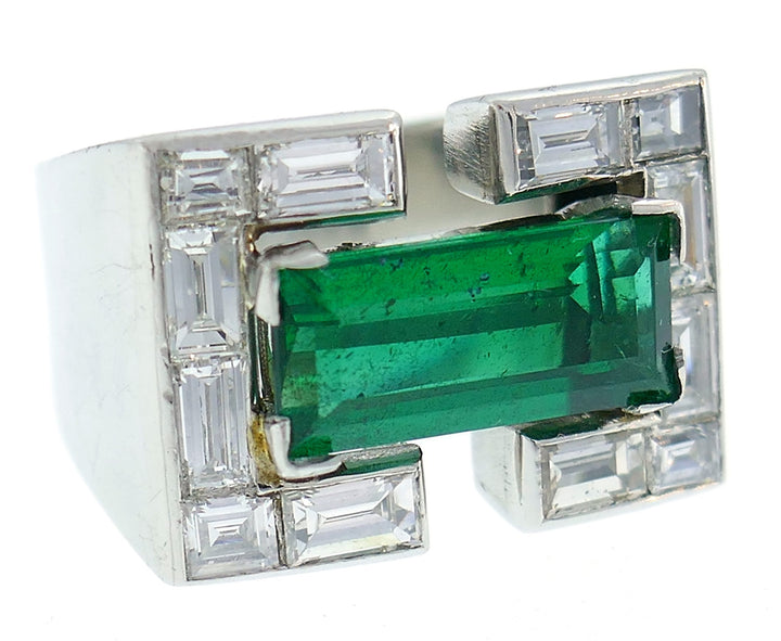 Art Deco Revival Emerald Diamond Platinum Ring