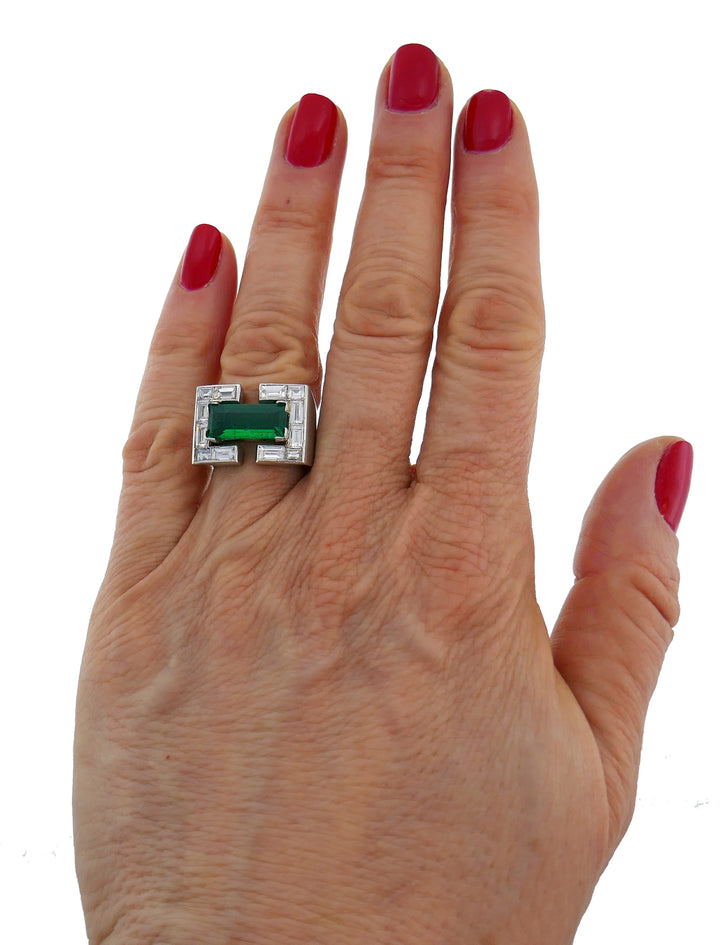 Art Deco Revival Emerald Diamond Platinum Ring