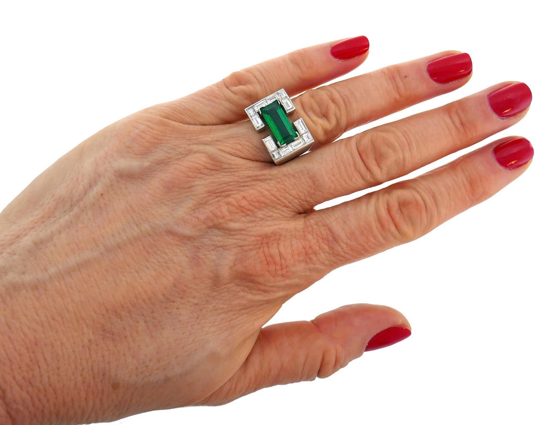 Art Deco Revival Emerald Diamond Platinum Ring