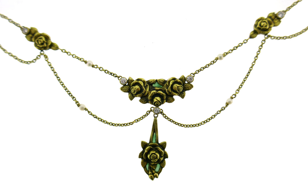 Art Nouveau Enamel Gold Necklace and Earrings Set with Diamond and Seed Pearl