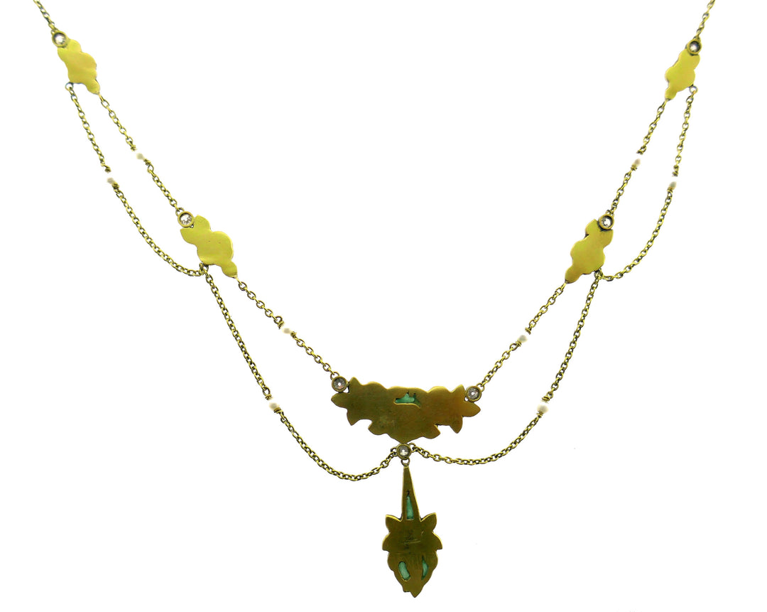 Art Nouveau Enamel Gold Necklace and Earrings Set with Diamond and Seed Pearl