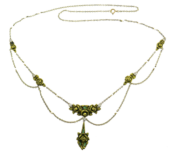 Art Nouveau Enamel Gold Necklace and Earrings Set with Diamond and Seed Pearl